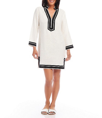 Karen Kane Lightweight Linen Blend Mandarin V-Neck 3/4 Sleeve Shift Dress