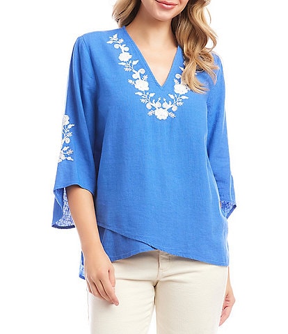 Karen Kane Linen Blend Bracelet Sleeve Embroidered Asymmetric Top