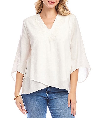 Karen Kane Linen Blend Bracelet Sleeve Embroidered Asymmetric Top
