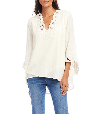 Karen Kane Linen Blend Embroidered V-Neck 3/4 Sleeve Asymmetric Top