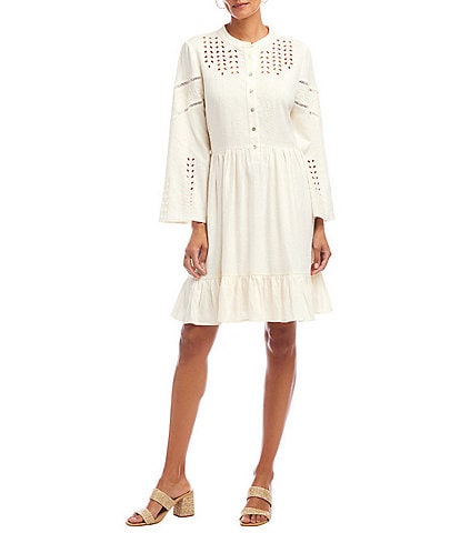 Karen Kane Linen Blend Flare Sleeve Embroidered Tiered Dress