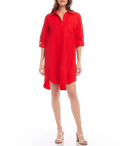 Karen Kane Linen Blend Point Collar V-Neck 3/4 Roll Tab Sleeve Shirt Dress