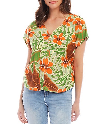 Karen Kane Linen Blend Tropical Floral Print V-Neck Short Sleeve Top