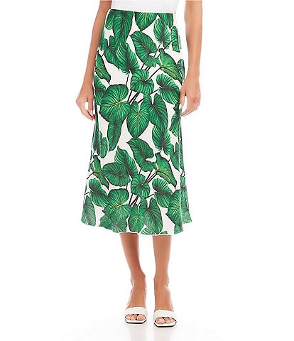Karen Kane Linen Floral Leaf Print A-Line Bias Cut Midi Skirt