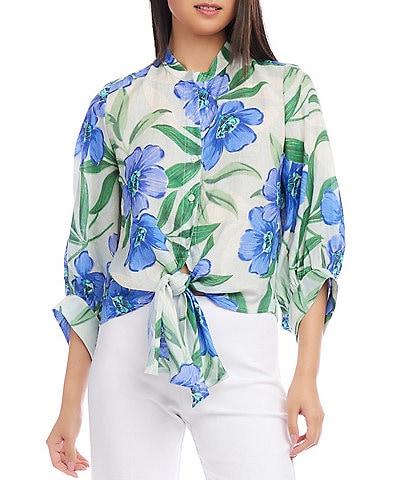 Karen Kane Linen Blend Floral Print Banded Collar 3/4 Sleeve Tie Front Blouse