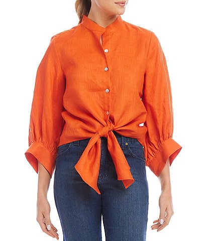 Karen Kane Linen Mandarin Collar 3/4 Blouson Sleeve Wide Cuff Tie Front Button Front Top