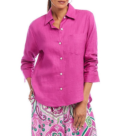 Karen Kane Linen Point Collar 3/4 Ruched Sleeve Button Front Shirt