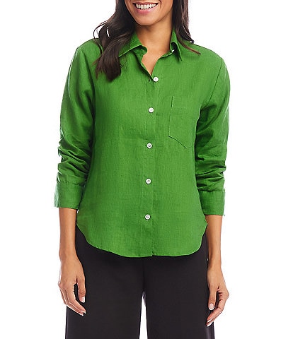 Karen Kane Linen Point Collar 3/4 Ruched Sleeve Button Front Shirt