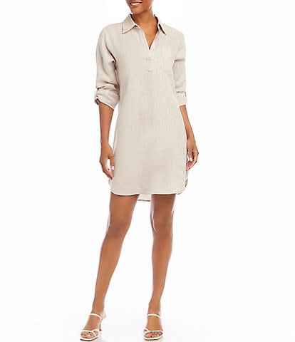 Karen Kane Linen Point Collar Chest Patch Pocket Long Roll-Tab Sleeve Shirt Dress