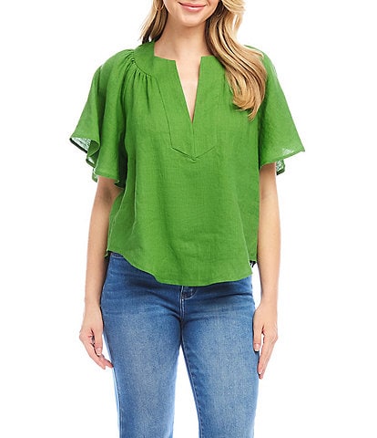 Karen Kane Linen Split V-Neck Short Flutter Sleeve Top