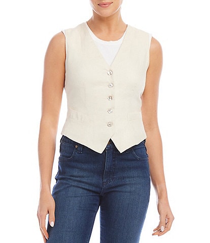 Karen Kane Linen V-Neck Slit Pocket Tie Back Button-Front Vest