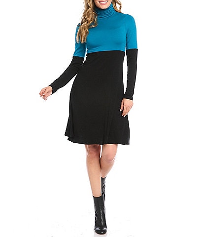 Karen Kane Matte Jersey Color Block Turtleneck Long Sleeve Dress