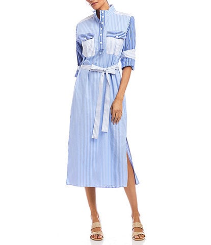 Karen Kane Mixed Stripe Roll Sleeve Midi Shirtdress