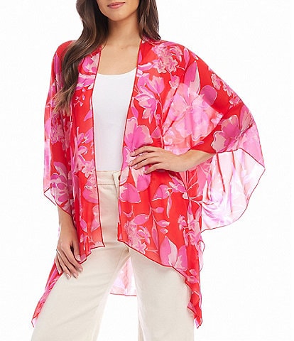 Karen Kane Open Front Floral Print Drape Front 3/4 Sleeve Kimono Jacket