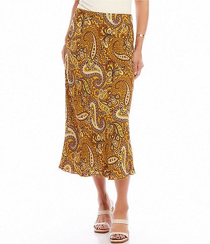 Karen Kane Paisley Print Bias Cut A-Line Midi Skirt