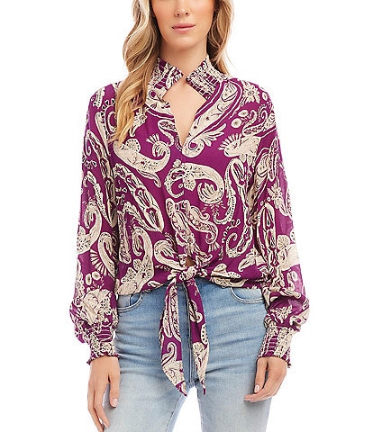 Karen Kane Paisley Print Crinkle Blouson Sleeve Smocked Tie Front Hem Top