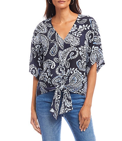 Karen Kane Paisley V-Neck Flutter Sleeve Tie Front Top