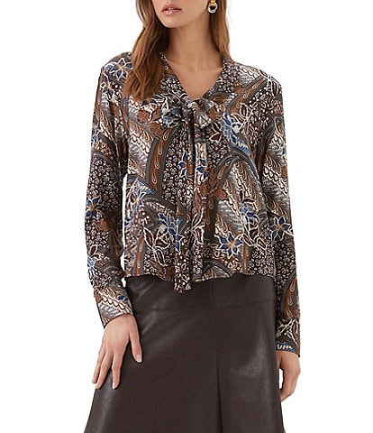 Karen Kane Patchwork Twill Bow Neck Long Sleeve Top