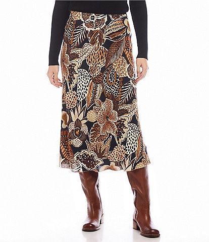 Karen Kane Petite Size Bias Cut Safari Floral Print Midi A-Line Pull-On Skirt