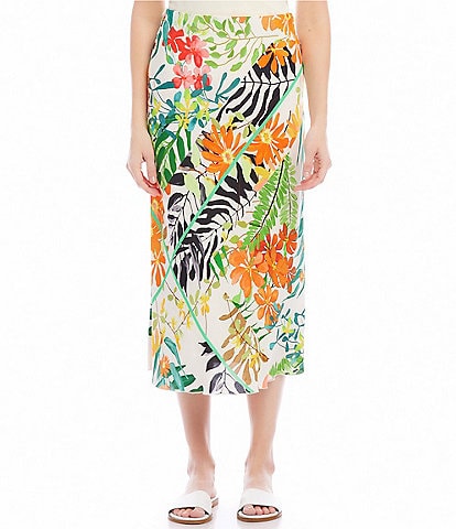Karen Kane Petite Size Bias-Cut Wildflower Print Mid Rise Pull-On Midi Skirt