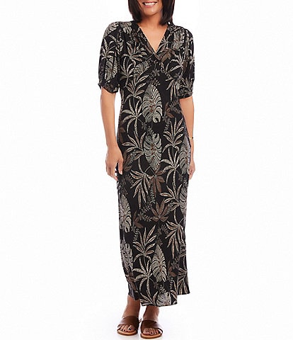 Karen Kane Petite Size Bias Doted Leaf Print V-Neck Short Puff Sleeve Maxi Dress