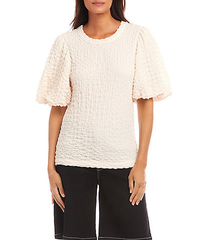 Karen Kane Petite Size Bubble Textured Crew Neck Elbow Puff Sleeve Top