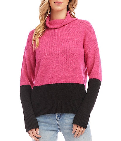Karen Kane Petite Size Color Block Cowl Neck Long Sleeve Wool Blend Knit Sweater