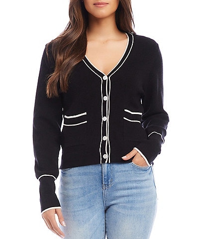 Karen Kane Petite Size Contrast Trim V-Neck Long Sleeve Button-Front Cardigan Sweater
