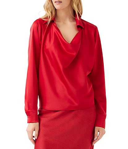 Karen Kane Petite Size Coordinating Satin Collared Draped Cowl Neck Long Sleeve Blouse