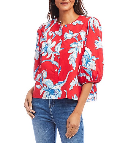 Karen Kane Petite Size Cotton Floral Round Neck 3/4 Puff Sleeve Button Front Shirt