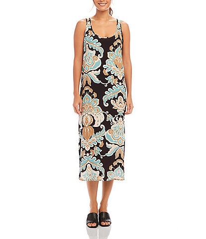 Karen Kane Petite Size Damask Flower Print Scoop Neck Sleeveless Midi Tank Dress