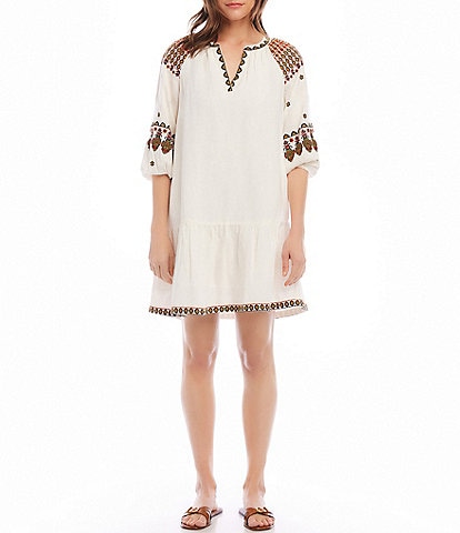 Karen Kane Petite Size Embroidered Linen Blend Split V-Neck 3/4 Peasant Sleeve Ruffle Hem Shift Dress