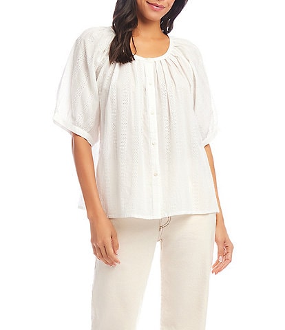 Karen Kane Petite Size Embroidered Peasant Scoop Neck Short Puff Sleeve Top