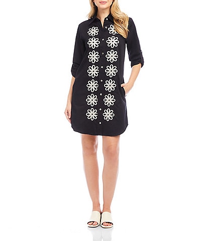 Karen Kane Petite Size Embroidered Point Collar 3/4 Roll-Tab Sleeve Button Front Shirtdress