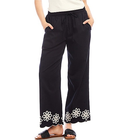 Karen Kane Petite Size Embroidered Wide-Leg Pull-On Ankle Pants