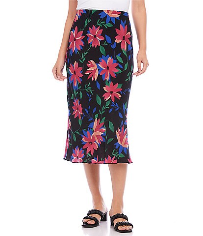 Karen Kane Petite Size Floral Print Silky Crepe Mid-Rise Bright Bias Cut Midi Skirt