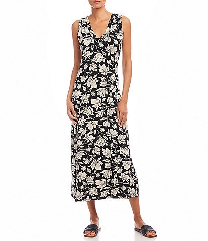 Karen Kane Petite Size Floral V-Neck Sleeveless Midi Sheath Dress