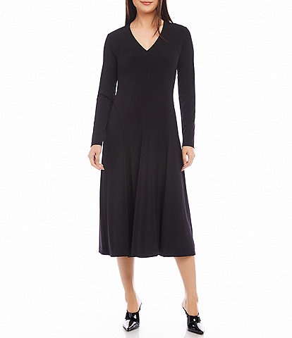 Karen Kane Petite Size Jersey Knit Kate V-Neck Long Sleeve A-Line Midi Dress