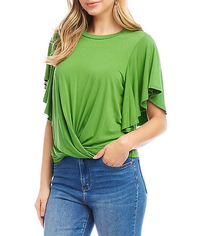 Karen Kane Petite Size Knit Crew Neck Short Flowing Sleeve Front Twist Top