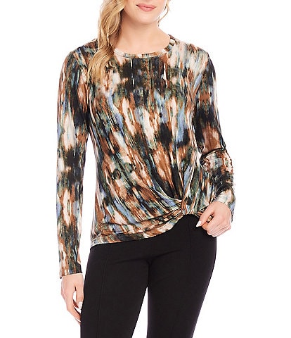 Karen Kane Petite Size Knit Tie-Dye Print Crew Neck Long Sleeve Side Pick Up Top