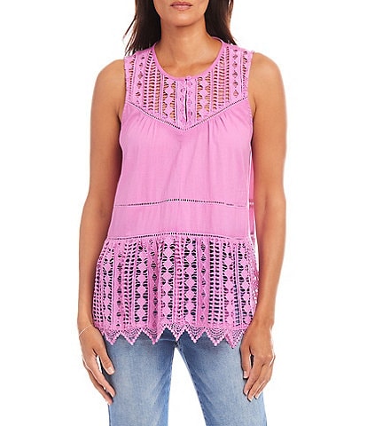 Karen Kane Petite Size Lace Trim Cut-Out Crew Neck Sleeveless Top