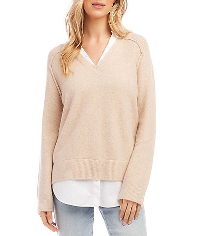 Karen Kane Petite Size Layered Knit Point Collar V-Neck Long Sleeve Contrasting Ribbed Knit Sweater Top