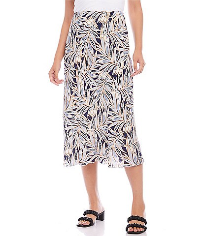 Karen Kane Petite Size Leaf Print Midi Bias Skirt