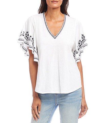 Karen Kane Petite Size Organic Cotton Embroidered Flutter Sleeve Top