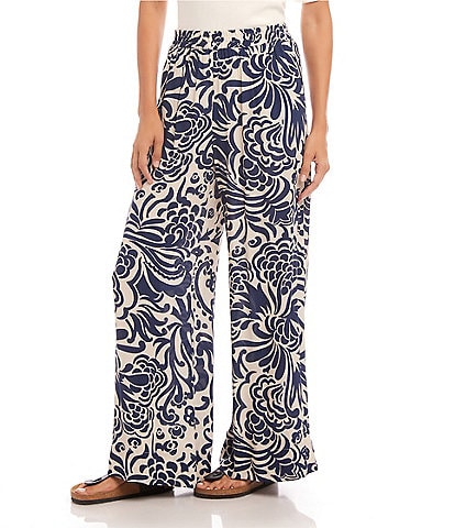 Karen Kane Petite Size Paisley Printed High Rise Wide Leg Pull-On Pants