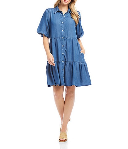 Karen Kane Petite Size Point Collar Short Puff Sleeve Tiered Button Front Shirtdress