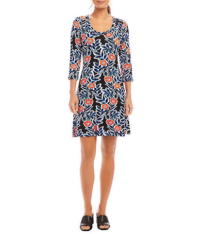 Karen Kane Petite Size Poppy Print Scoop Neck 3/4 Sleeve A-Line Dress