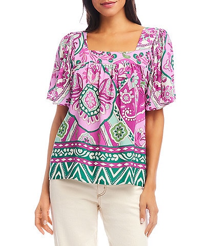 Karen Kane Petite Size Printed Square Neck Short Flare Sleeve Top