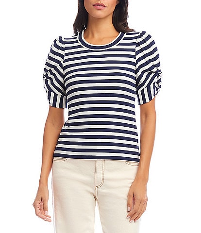 Karen Kane Petite Size Rib-Knit Stripe Twisted Short Puff Sleeve Scoop Neck Top