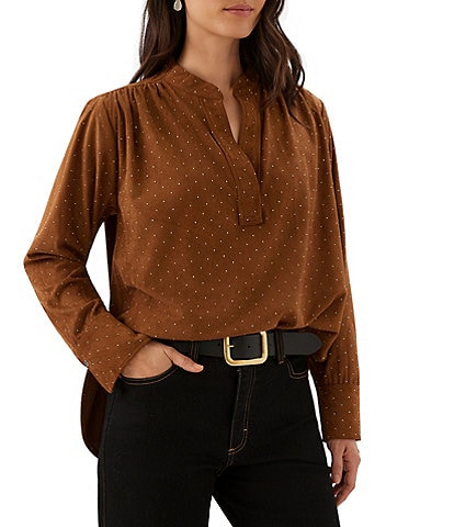 Karen Kane Petite Size Shimmer Faux Suede Split V-Neck Long Sleeve Top